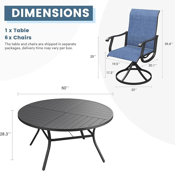 DIFY Patio Table and Chairs Set for 6, 7 Piece Outdoor Dining Set, 50" Black Round Metal Dining Table with Umbrella Hole and 6 Blue Textilene Swivel Patio Chairs, for Garden Backyard Deck