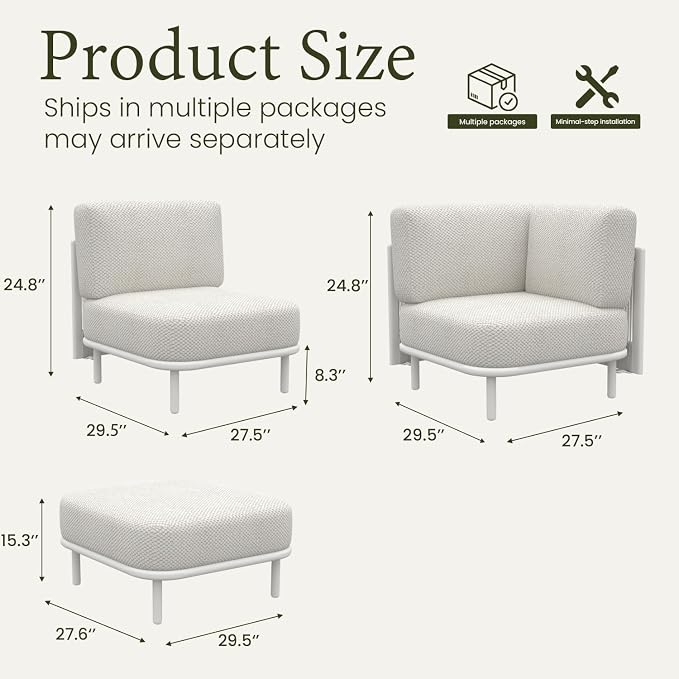 LayinSun 6 Pieces Patio Furniture Set, Modern Outdoor Modular Sectional Conversation Set L-Shaped Sofa with 7-inch Cushion for Garden Backyard Deck