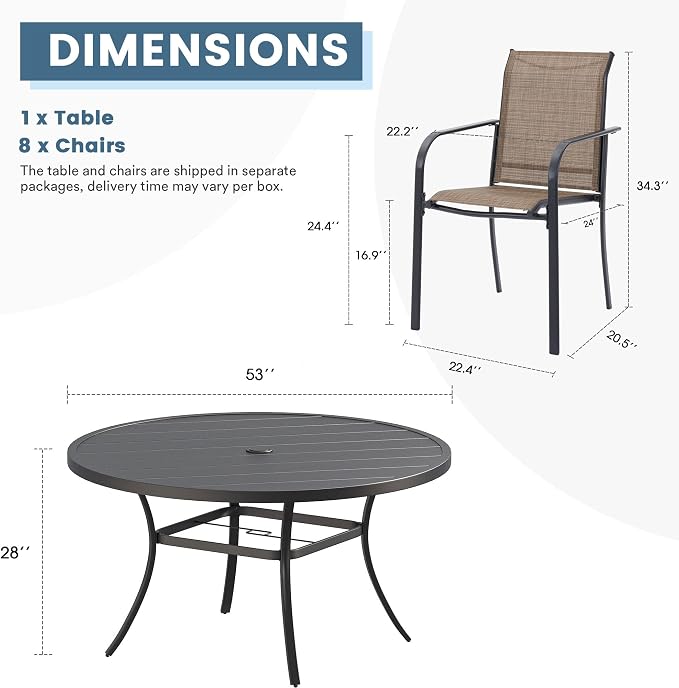 DIFY Outdoor Dining Set for 8, Patio Dining Furniture Set Includes 53" Black Round Table with Adjustable Umbrella Hole and 8 Brown Stackable Metal Chairs for Poolside, Garden, Backyard