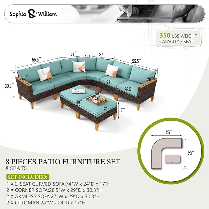 Sophia & William Outdoor Wicker Sectional Sofa Set, 8 Piece Half Moon Curved Patio Furniture Modern Round Outdoor Couch Conversation Set with Ottoman for Backyard, Pool, Garden(Aqua Blue)