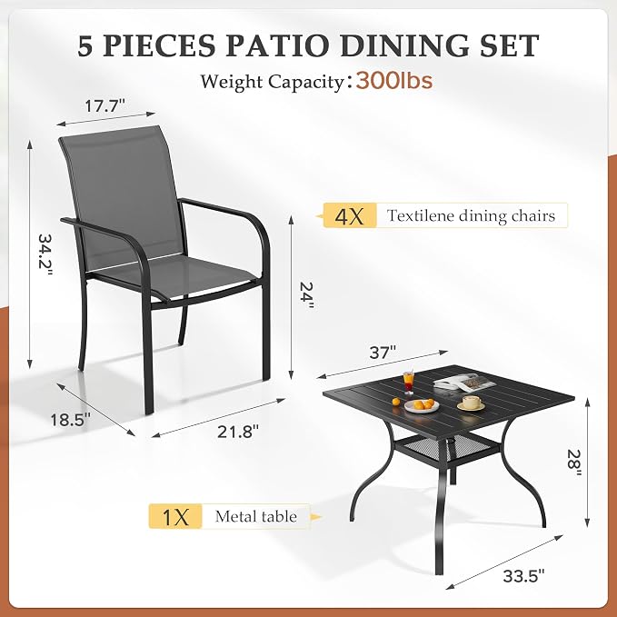 SUNCROWN 5 - Piece Outdoor Dining Set, Patio Furniture Set with 4 x Textilene Dinning Chairs and 1 Steel Slat Metal Bistro Table for Lawn Garden Backyard Deck, Grey