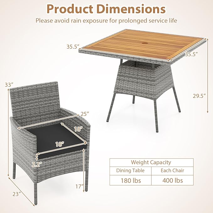HAPPYGRILL 5 Pieces PE Wicker Patio Dining Set with Table and Chairs with Cushions, Outdoor Patio Furniture Set for Deck, Garden and Backyard (Grey Black & Wood)