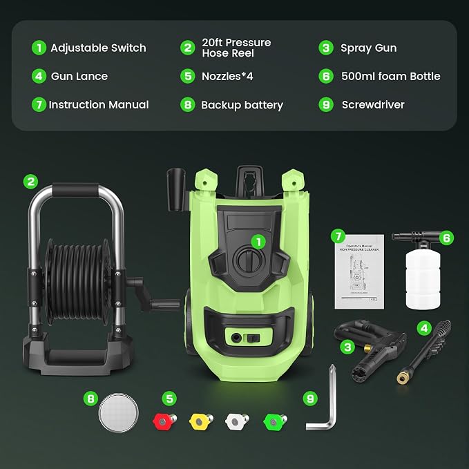2026 New Pressure Washer 5000 PSI with 3 Levels Adjustable Pressure Gun, Portable Pull-Handle, 4 Nozzles and Foam Cannon, Heavy Duty Power Washer for Home/Car/Fence/Garden, Green