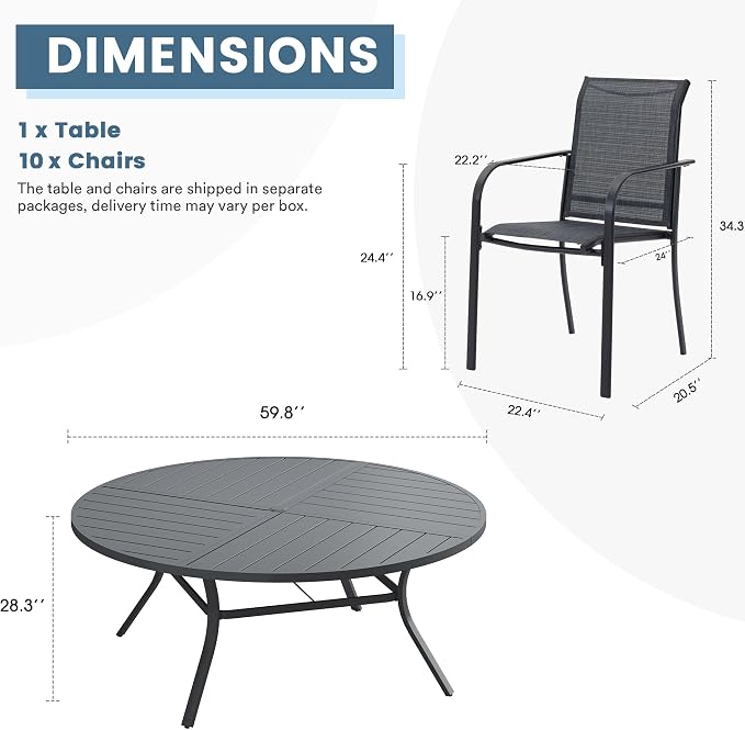 DIFY Patio Dining Set for 10, 11 Piece Outdoor Table and Chairs Set, 59.8" Round Metal Patio Dining Table and 10 Textilene Stackable Patio Chairs, for Backyard Garden Poolside, Grey