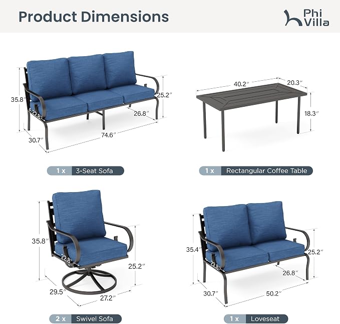 PHI VILLA Patio Furniture Set, 1 Loveseat, 3-Seater Sofa, 2 Swivel Chairs and a Coffee Table, Outdoor Metal Conversation Set with 5.75" Extra Thick Cushion for Garden Backyard Deck, Navy