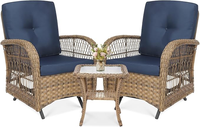 VIVIJASON 3-Piece Patio Bistro Glider Set, Outdoor Wicker Glider Rocking Chairs Set of 2 with Tempered Glass Side Table, Patio Rattan Furniture Set for for Backyard, Garden and Porch, Navy Blue