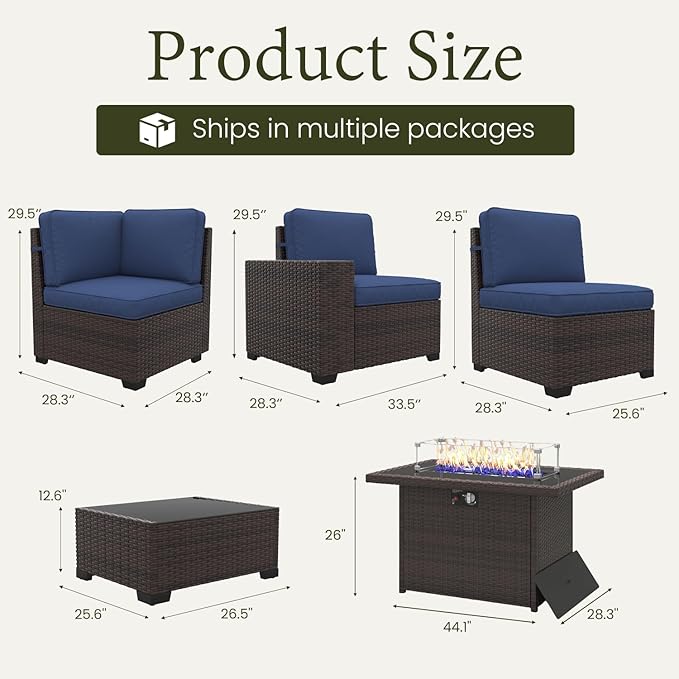 LayinSun 13 Pieces Outdoor Patio Furniture Set with 44" Fire Pit Table Brown Rattan Sectional Sofa Conversation Sets
