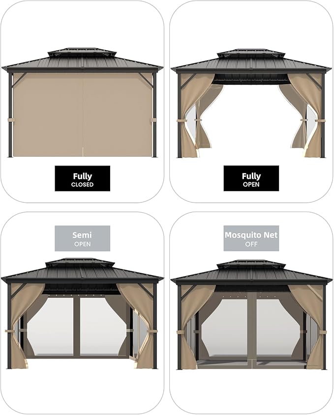12x14 Gazebo Hardtop, Aluminum Frame Gazebos with Galvanized Steel Double Roof, Mosquito Net & Privacy Curtain,for Patio, Porch, Garden, Lawn, Deck, Backyard