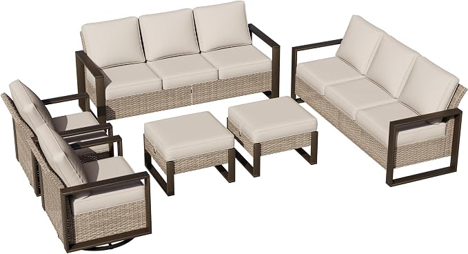 Outdoor Patio Swivel Rocker Chairs, 6 Pieces Wicker Furniture Set, 2 Swivel Rocking Chairs, 2 Sofa and 2 Ottoman, Metal Wide Armrest, Thick Cushions and Deep Seating for Garden, Backyard, Porch, Deck