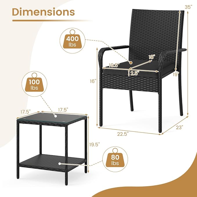 Tangkula 3 Pieces Patio Furniture Set, PE Rattan Outdoor Cushioned Conversation Chairs with 2-Tier Tempered Glass Tabletop Table, for Balcony, Garden and Poolside (Black)