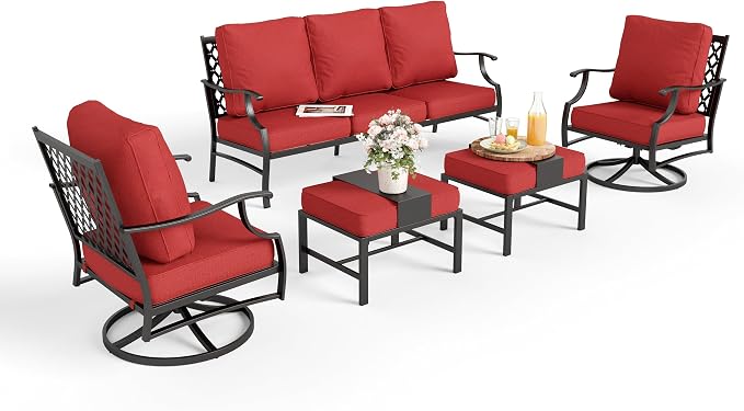 MIXPATIO Patio Furniture Set 5 pcs, Outdoor Patio Furniture, 3-Seat Sofa, 2 Swivel Chairs, 2 Ottomans and 5.75" Extra Thick Cushion, Patio Conversation Set for Garden Backyard Deck,Red