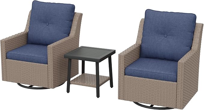 NestNook 3 Piece Patio Furniture Set, Outdoor Furniture Wicker Swivel Chairs Set of 2 with Side Table Rattan Patio Conversation Set for Balcony Deck Backyard and Poolside (Blue)