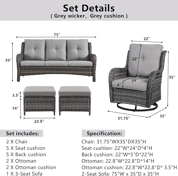 Belord 5 Piece Wicker Patio Furniture Set, Outdoor Swivel Rocker Chairs Set of 2 with Ottomans and 3 Seater Sofa, All Weather Patio Conversation Furniture Set, for Porch Pool, Gray Wicker/Gray