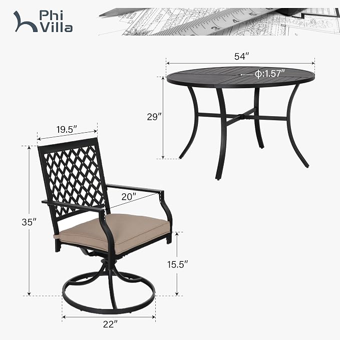 PHI VILLA 7 Pcs Outdoor Dining Set, 54" Round Table w/Umbrella Hole | 54" wrought iron table w/ umbrella hole &6 swivel chairs w/ cushions . Weather-resistant e-coated frame.Perfect for patio