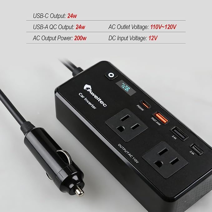 200W Power Inverter for Car – DC 12V to 110V AC Converter with LED Display & 4 USB Ports (24W PD USB-C) – Compact Vehicle Adapter for Laptop, Tablet, Phone – Road Trip Essential