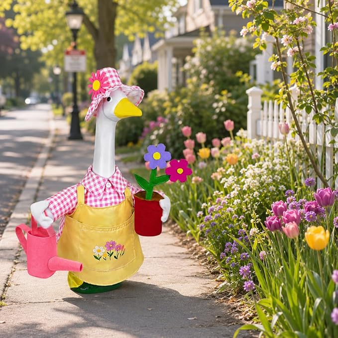 23 Inch Spring Gardener Porch Goose Outfit, Lawn Goose Costume with Floral Hat, Watering Can & Potted Flower Prop, Fits Plastic Goose Statue, Outdoor Yard Lawn Decor
