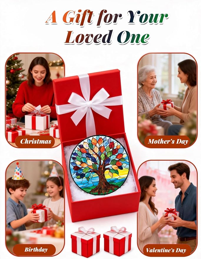 Tree of Life Stained Glass Suncatcher Window Hanging Birthday Gifts | 6.3in Garden Sun Catcher, Colorful Tree Art Sunrise Ornament for Door Home, Gift for Women Men & Mother's Day Christmas