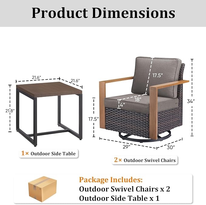 Outdoor Swivel Rocker Patio Chairs Set of 3, High Back Swivel Patio Chairs with Side Table & Metal Arm, Wicker Outdoor Bistro Set for Porch, Yard, Deck, Poolside, Grey