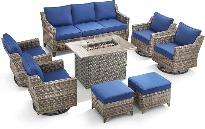 Patio Furniture Set with 42.5" Fire Pit Table-8 Pieces All Weather Wicker Outdoor Furniture with High Back Swivel Patio Chairs Set of 4 Outdoor Patio Conversation for Deck Garden Blue/Gray
