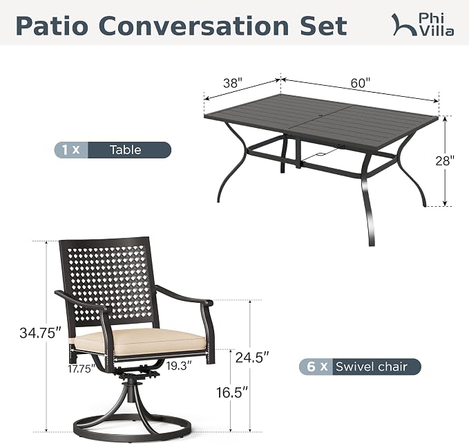 PHI VILLA Outdoor Dining Set for 6, 60" Metal Table & Swivel Chairs | 7 pcs black wrought iron furniture set w/ umbrella hole. All weather for patio, deck, yard, porch