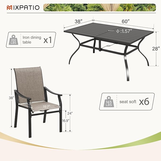 MIXPATIO 7 Pieces Patio Dining Set, Outdoor Furniture Set for 6 Person, 6 Patio Chairs Textilene and 1 Metal Large Dining Table, with 1.57" Umbrella Hole, for Lawn Garden Deck