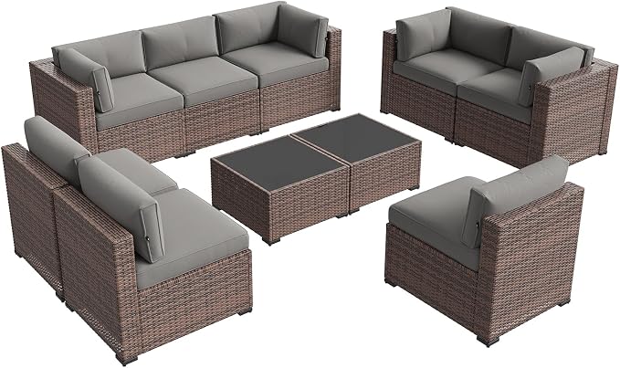 Aoxun Patio Furniture Sets, 10-Piece Outdoor Patio Furniture with Thick Cushions, Wicker Outdoor Conversation Set Sectional Sofa for Backyard, Poolside, Garden