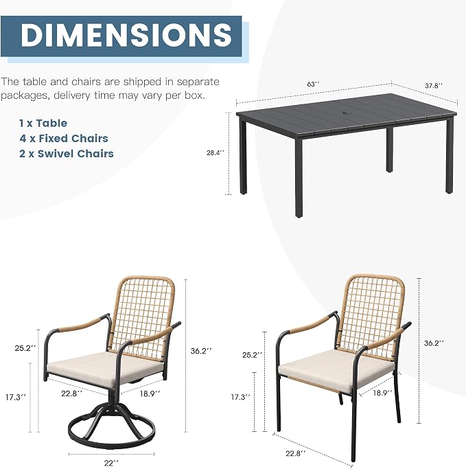 DIFY 7 Pieces Outdoor Dining Set for 6, 63" Black Rectangle Metal Table with 4 Stackable Wicker Patio Chairs & 2 Swivel Chairs, Patio Furniture Set with Cushions and Umbrella Hole, Wheat Rattan