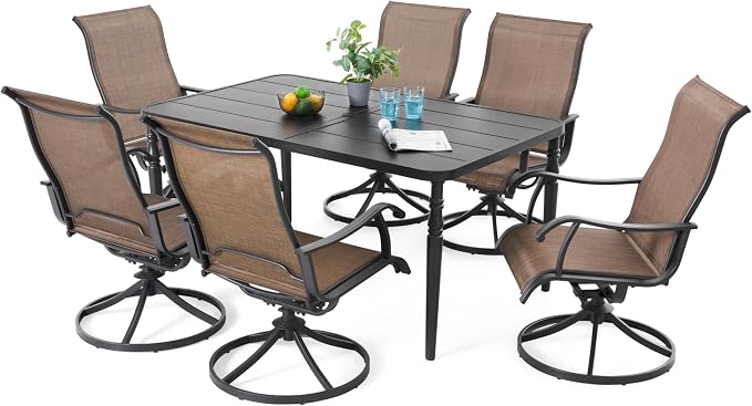 NUU GARDEN 7 Pieces Outdoor Metal Dining Set, Patio Metal Dining Set of 6 Textilene Swivel Chairs and 1 Rectangular Table with Umbrella Hole, Slatted Tabletop and Powder-Coated Frame, Black and Brown