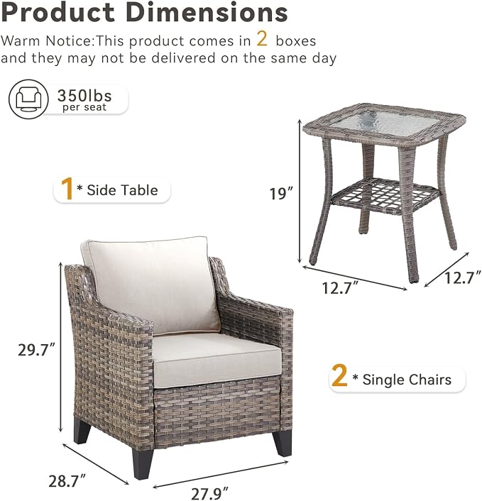 3 Pieces Patio Furniture Sets-Outdoor PE Rattan Wicker Chairs with Thickened Cushion and Glass Coffee Table,All Weather Patio Conversation Set for Garden Backyard Porch Deck Grey/Beige