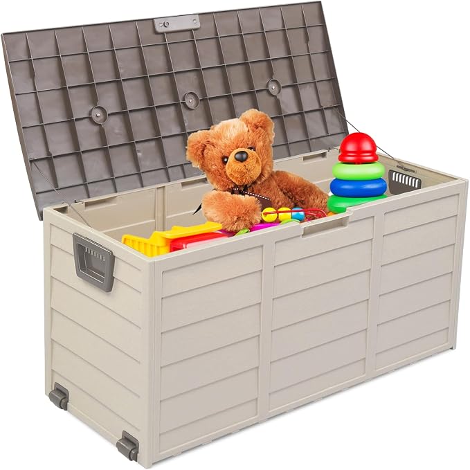 75 Gallon Patio Storage Deck Box, Plastic Backyard Outdoor Chest Box with Wheels, Lockable, Weatherproof, and UV Resistant Storage for Cushions, Patio Decor, Furniture, Garden Tools Brown