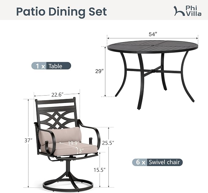 PHI VILLA Patio Dining Set, for 6, Swivel Chairs | E-Coated and Steel, Round Table, Beige, Umbrella Hole, 350 lbs Chair Capacity