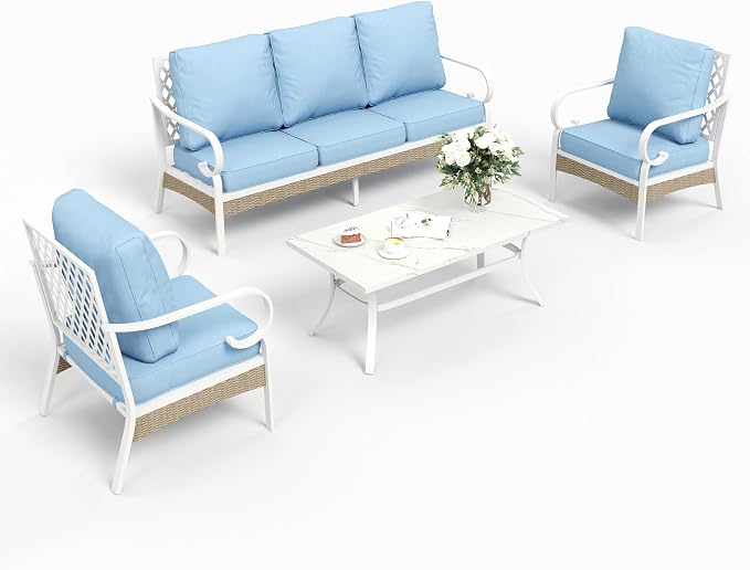 SUNSHINE VALLEY 4 Piece Metal Outdoor Patio Furniture Sets, Patio Conversation Sets 1 3-seater Sofa, 2 Single Sofa with 5.75" Extra Thick Cushion and Coffee Table, White Frame Backyard Furniture, Blue