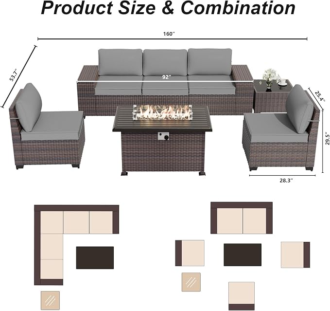 ALAULM 7 Pieces Patio Furniture Set with Fire Pit Table 55000BTU, Oversized Seat/Armrest and High Back Wicker Conversation Set with Thick Cushion for Backyard, Garden, Black