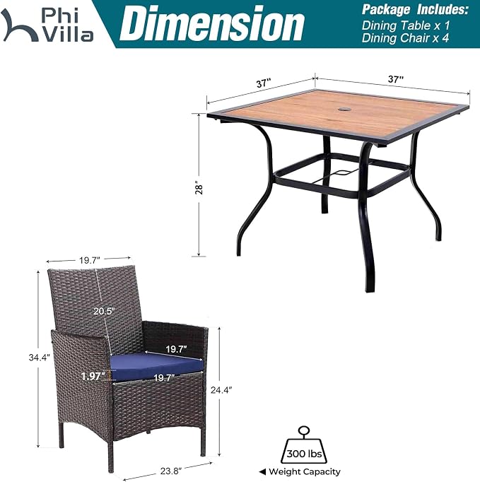 PHI VILLA 5 Pieces Outdoor Dining Set for 4, Wood Top Metal Dining Table & Rattan Wicker Chairs with Cushions, Modern Furniture Dining Set for Patio, Deck, Backyard, Porch