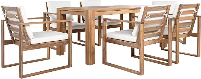 7 Piece Patio Dining Table Set with Umbrella Hole, Outdoor Acacia Wood Furniture Set with Removable Cushion for Garden, Backyard, Lawn, Poolside (Beige,Light Teak)