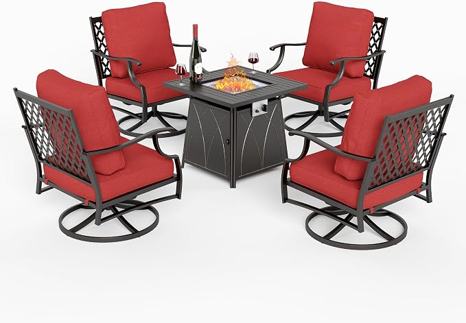 SUNSHINE VALLEY 5 Piece Metal Outdoor Patio Furniture Set with Fire Pit Table, Patio Conversation Sets 4 Swivel Chairs with 5.75" Thick Cushion and 5000 BTU Fire Pit Table, Backyard Furniture, Red