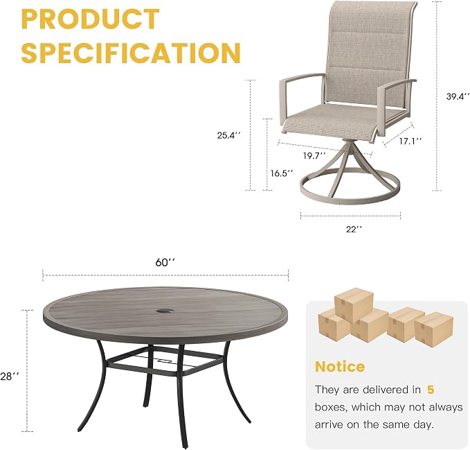 VICLLAX 9 Pieces Patio Dining Set for 8-Outdoor Furniture Includes 60" Round Outdoor Table and Swivel Padded Chairs, Grey Wood Grain Tabletop and Sandshell Fabric