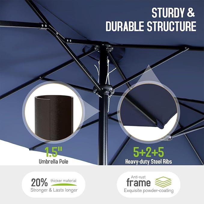 Sophia & William Patio Dining Set with 13ft Double-Sided Patio Umbrella, 8 Piece Metal Outdoor Table Furniture Set with 6 Outdoor Stackable Chairs, 1 Rectangle Dining Table and 1 Large Navy Umbrella