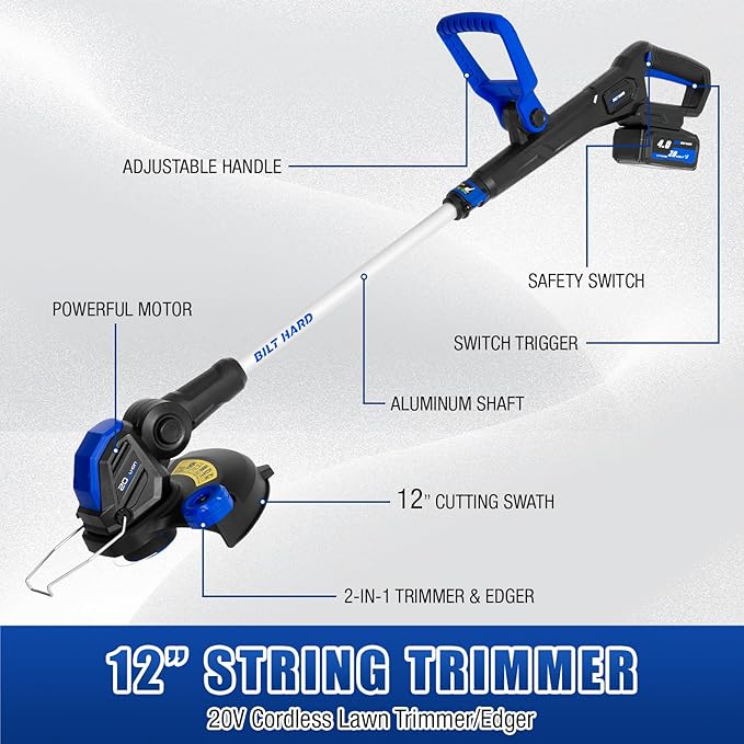 BILT HARD 20V Cordless Weed Wacker and Blower Combo, 12” Electric String Trimmer Edger with 2 x 4.0Ah Batteries and Dual Charger, Lightweight Leaf Blower for Lawn Care