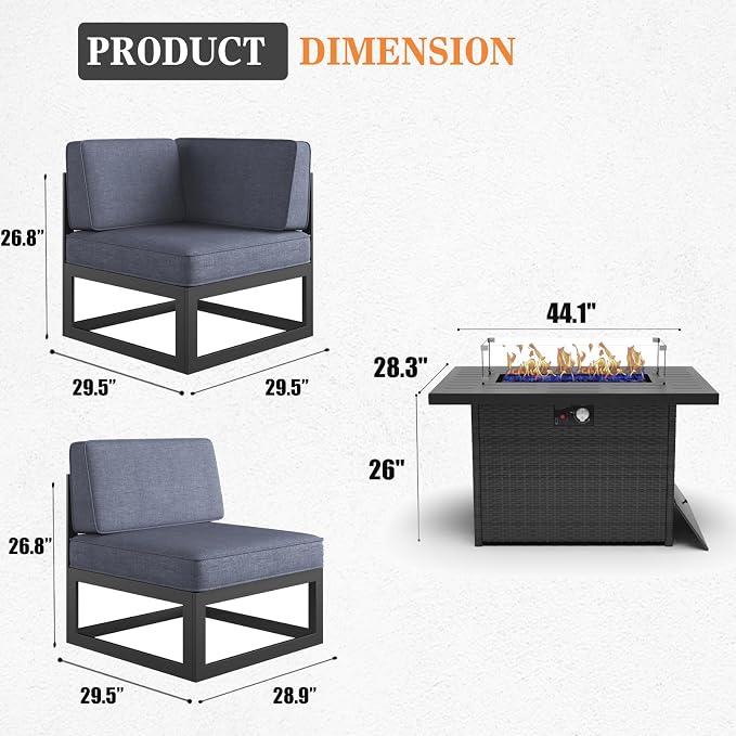 9 Pieces Aluminum Patio Furniture Set with Propane Gas 44" Fire Pit Table, Metal Outdoor Conversation Sofa Set with Seating Cushions