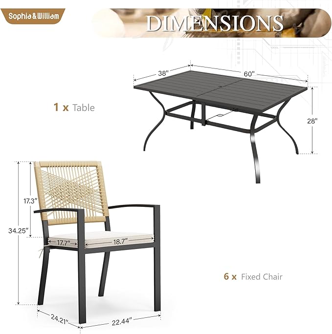 Sophia & William 7pc Patio Dining Set, 60" Rectangular Table, Wicker Chairs | Outdoor Dining Set for 6, Rectangular Patio Dining Table Set with Patio Wicker Chairs for Garden, Porch, Deck
