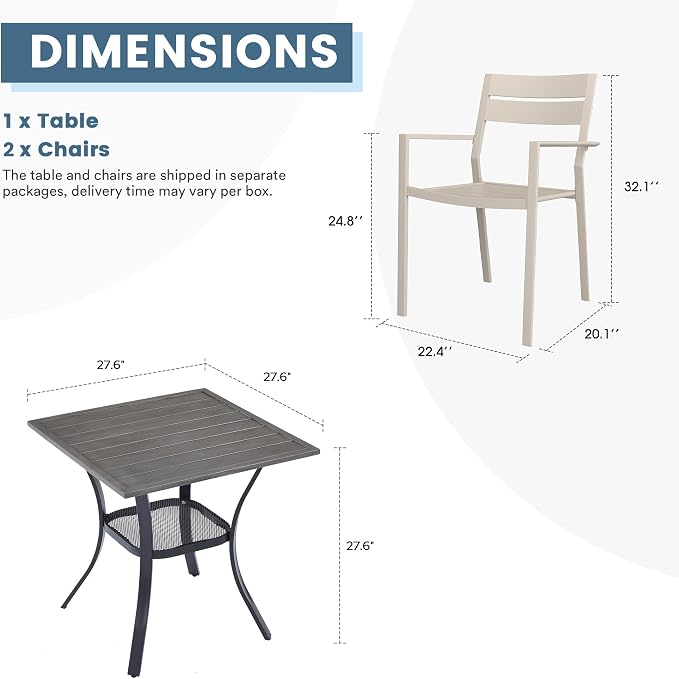 DIFY 3 Pieces Outdoor Patio Dining Set for 2, 27.6" Small Grey Wood-Like Square Metal Dining Table and 2 Sandshell Patio Stackable Chairs with Metal Frame, Outdoor Table and Chairs for Garden Porch