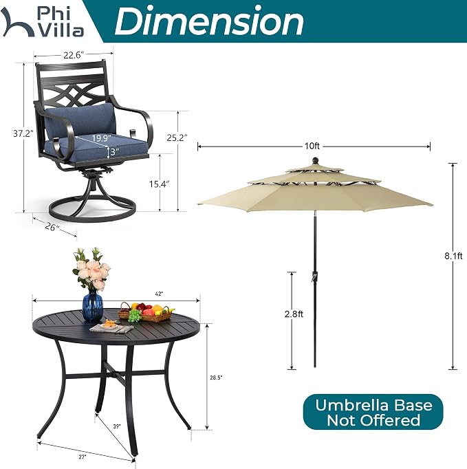 PHI VILLA Outdoor Dining Set with Umbrella for 4, 42" Metal Round Table & Wrought Iron Swivel Chairs, Patio Furniture with Blue Cushions & Pillows for Deck, Porch