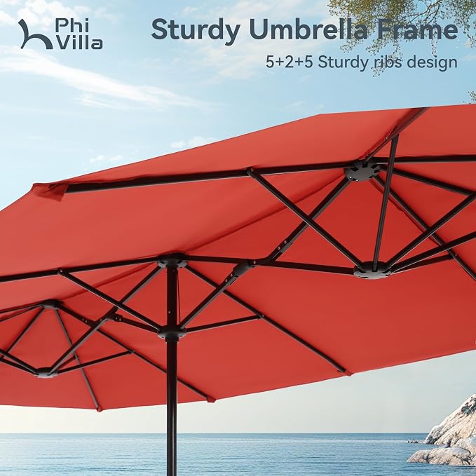 PHI VILLA 8 Piece Patio Dining Set with 13ft Patio Umbrella (Orange Red), 6 Outdoor Padded Swivel Dining Chairs & 1 Large Metal Dining Table for Lawn Garden Backyard (No Umbrella Base)
