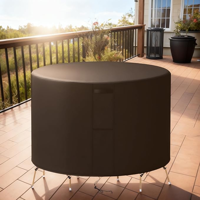 68"(D) x 44"(H) Round Outdoor Furniture Cover, Custom Heavy Duty 420D Waterproof Patio Furniture Cover with Drawstring & Buckles for Table Chair Garden, Coffee