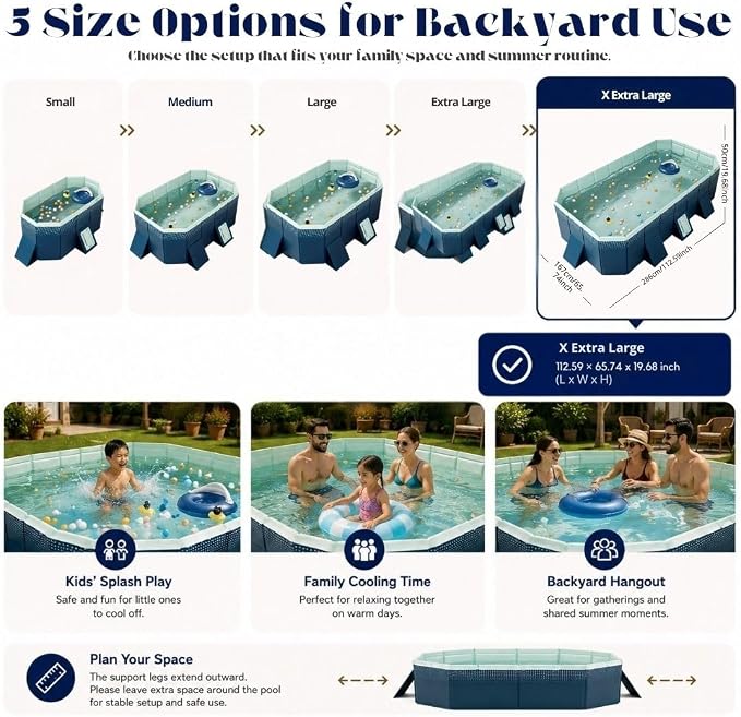 Large Foldable Pool, Non Inflatable Pool with 4-Layer Composite PVC, Sturdy Triangular Support Boards, Double Drains, Foldable Outdoor Pool for Backyard Kids & Adults, 5 Sizes