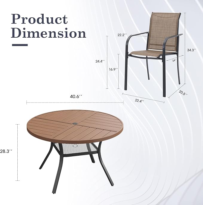 5 Pieces Outdoor Dining Set, Stackable Textilene Paito Chairs & 40.5" Round Dining Table with Umbrella Hole and Shelf, Patio Dining Set for Backyard, Deck, Garden, Brown & Walnut