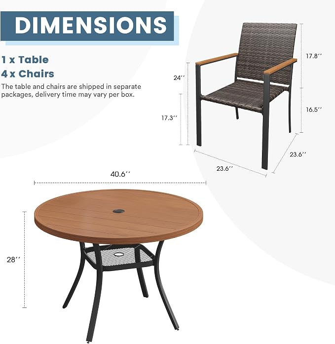 DIFY 5 Piece Patio Dining Set, Metal Outdoor Table and Chairs Set for 4, 40.6" Round Walnut Dining Table with Umbrella Hole & Wicker Stackable Patio Chairs, Patio Furniture Set for Garden Backyard