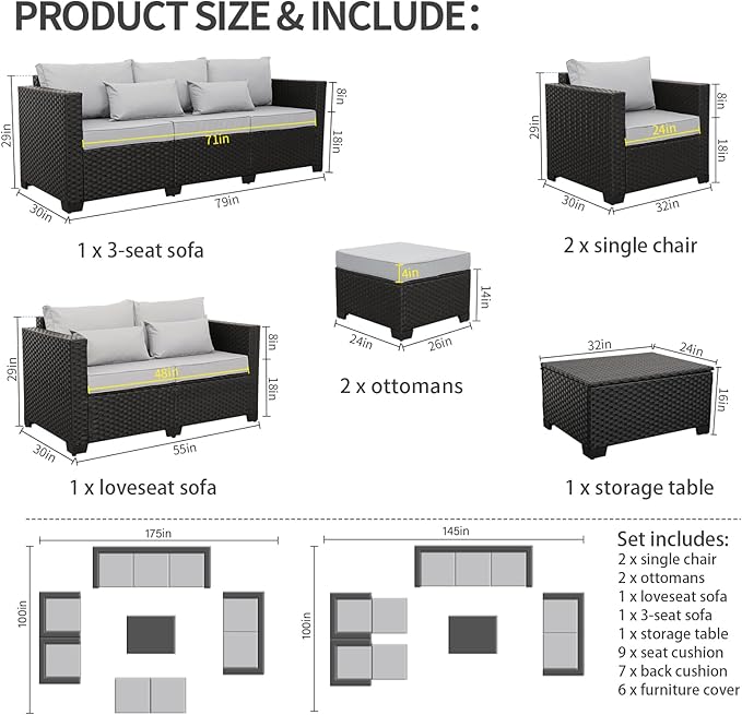Rattaner Patio Furniture Sets 7 Pieces Outdoor Furniture Sectional Patio Couches Set with Storage Table Light Grey Cushions