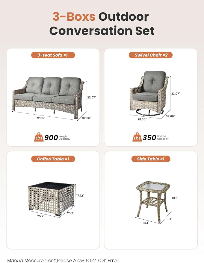 ovios 5 Piece Outdoor Patio Furniture with 3 Seat Sofa,Rattan Wicker Coversation Set with Swivel Rocking Chair,Balcony Sofa Set with Shiny Table for Outside Porch Backyard Pool, Dark Grey